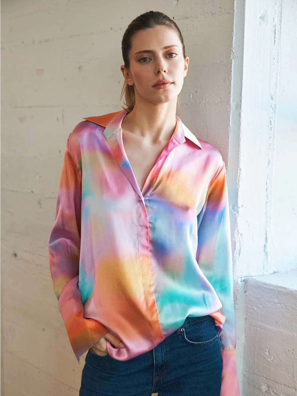 Catherine Gee Daria French Cuff Silk  Button-Front Blouse Pink Prism Size S